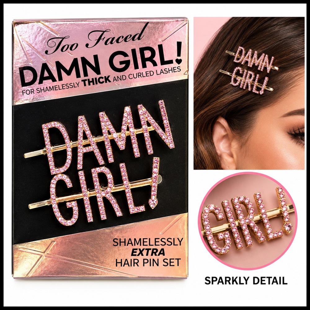 Too Faced Damn Girl! Pink Rhinestone Gold Tone Hair Pin Set 2pc NEW